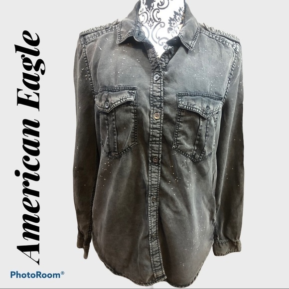American EAGLE charcoal gray button up top - Picture 1 of 7